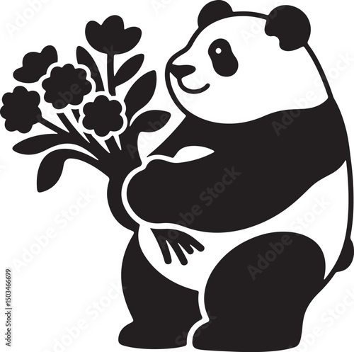 Panda giving bouquet sweet black art, Gift giving panda with flower bunch