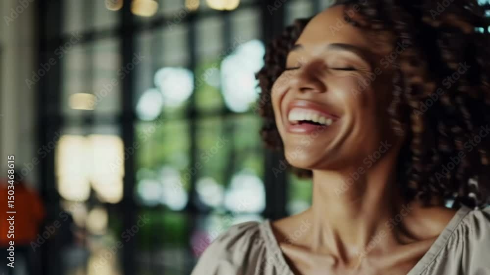 Joyful woman with curly hair laughing and smiling in urban setting Joyful woman with curly hair laughing and smiling in urban setting