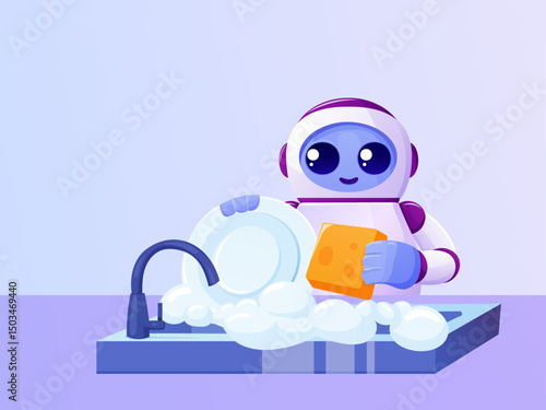 cute robot with artificial intelligence washing dishes in the kitchen, home assistant