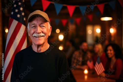 Smiling senior man celebrating patriotic holiday with US flag indoors