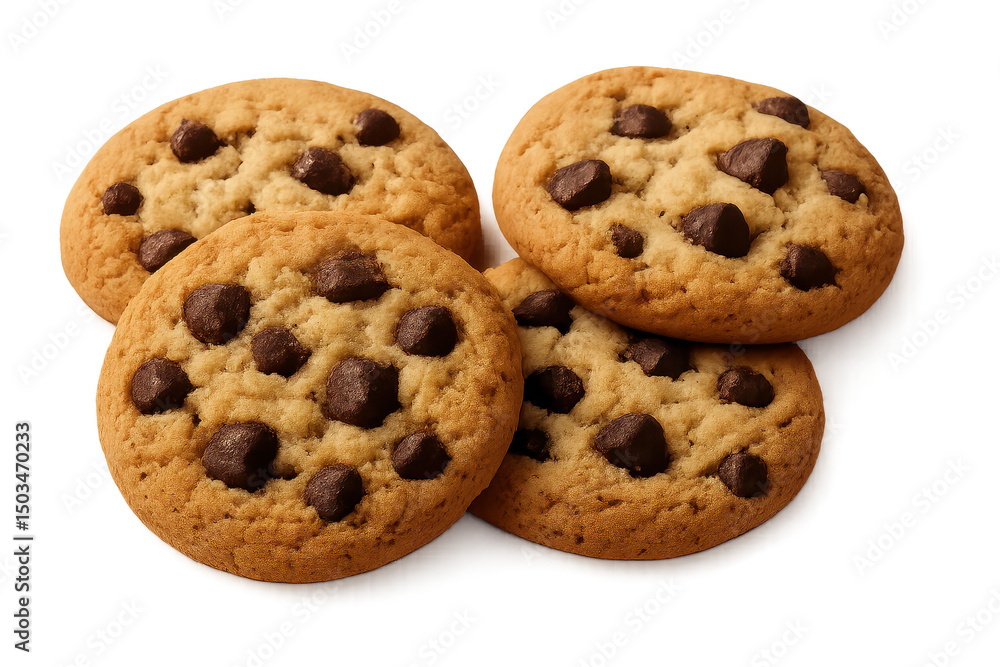 Freshly baked chocolate chip cookies, warm gooey texture, homemade treat, perfect for dessert or snack time. Isolated on white background or PNG Freshly baked chocolate chip cookies, warm gooey texture, homemade treat, perfect for dessert or snack time. Isolated on white background or PNG