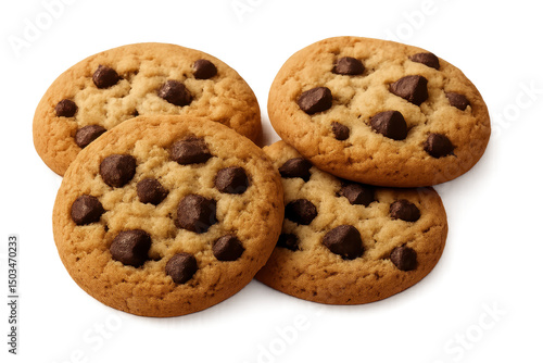Freshly baked chocolate chip cookies, warm gooey texture, homemade treat, perfect for dessert or snack time. Isolated on white background or PNG