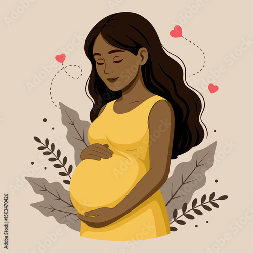 Black pregnant woman in yellow dress with plants background and heart behind her flat vector illustration.