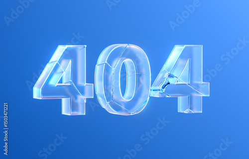 Broken Glass 404 Error Text on Blue Background, Web Page Not Found Concept