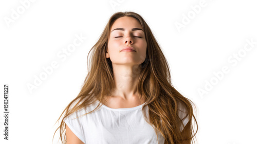 Serene woman enjoying a moment of peace with closed eyes and flowing hair.