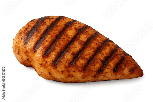 Grilled chicken breast, juicy marinated fillet with char marks, perfect for healthy meals, high in protein, copy-space for text. Isolated on white background or PNG
