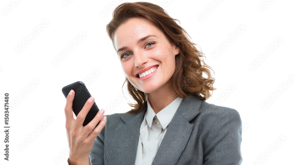 Smiling businesswoman holding smartphone, white isolated background Smiling businesswoman holding smartphone, white isolated background