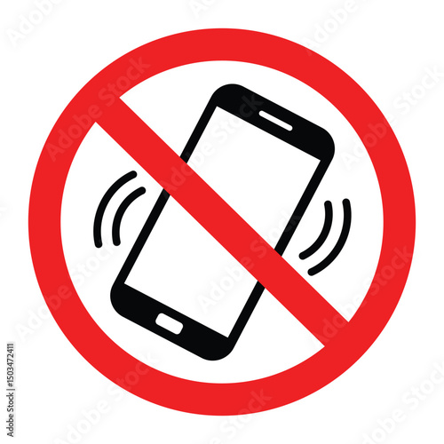 Prohibition sign: red circle with black slash overlays central smartphone emitting radio waves. Modern flat design, symbolic of restricted phone use. Bold red, black, white.