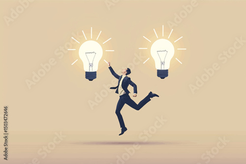 A businessman joyfully leaps towards two glowing lightbulbs, symbolizing the pursuit of bright ideas and innovative solutions.