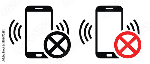 Two vertical black smartphones: left with muted black 'X' icon, right with silenced red 'X'. Minimalist design, wireless signal waves, white background. Black, white, red color scheme. Digital communi