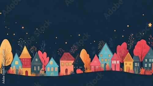 Colorful houses and trees in a quaint night scene.