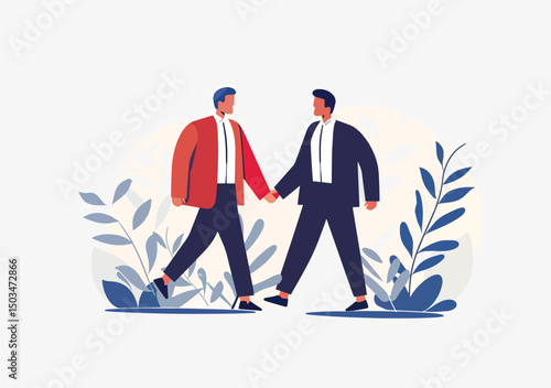 Two stylish men in suits stroll hand-in-hand, enjoying a leisurely walk amidst a serene botanical setting.