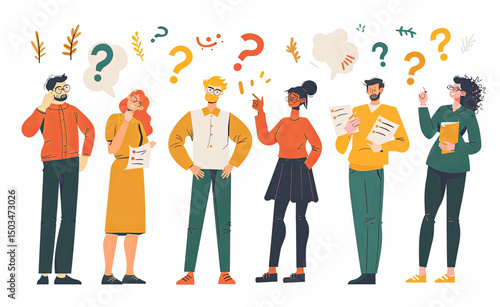 A diverse group of people ponder questions together, showcasing collaborative problem-solving and brainstorming.