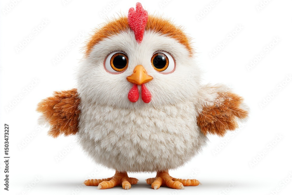 Fototapeta premium Adorable Cartoon Chicken with Expressive Eyes and Fluffy Feathers Perfect for Childrens Conte