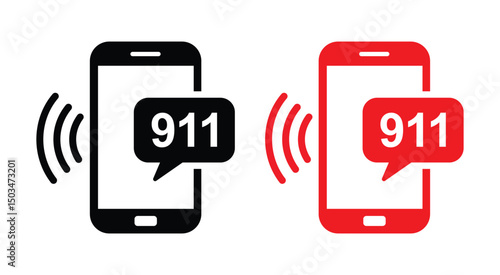 Two minimalist black smartphone icons with red '911' emergency call alerts (white text) displayed symmetrically on a white background. Flat outline design, central placement, clean vector illustration