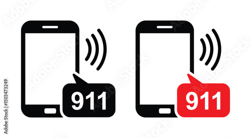 Two minimalist black smartphone icons with red '911' emergency call alerts (white text) displayed symmetrically on a white background. Flat outline design, central placement, clean vector illustration