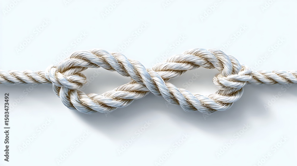 A close up of a white rope tied in a double knot against a plain white background studio shot A close up of a white rope tied in a double knot against a plain white background studio shot