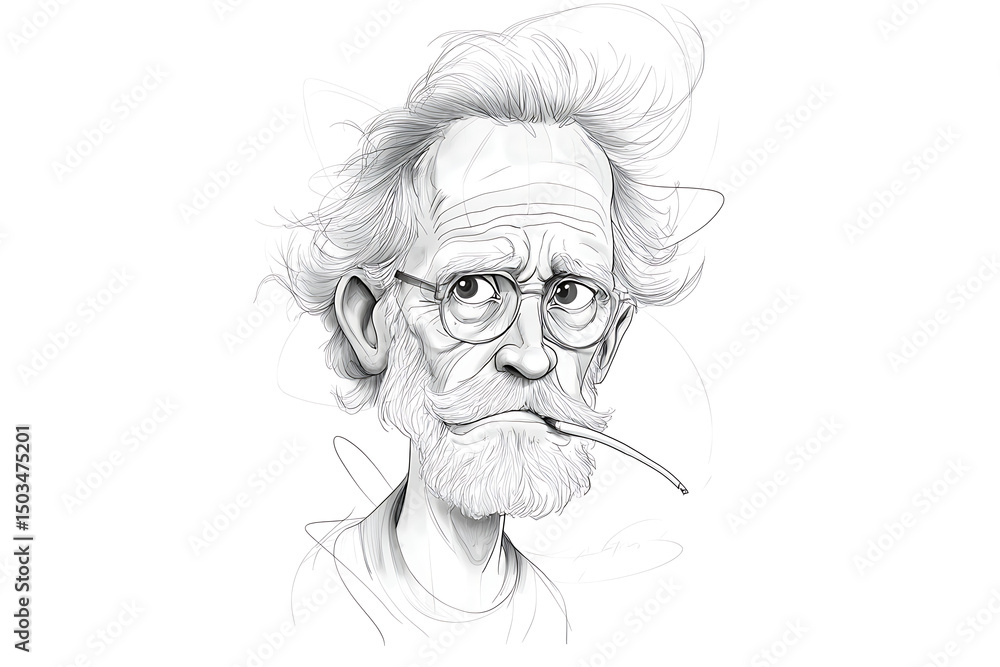 Fototapeta premium Pen sketch with elderly man, and pensive.