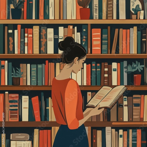 A female librarian organizing books in a cozy library Focus on the librarian and bookshelves