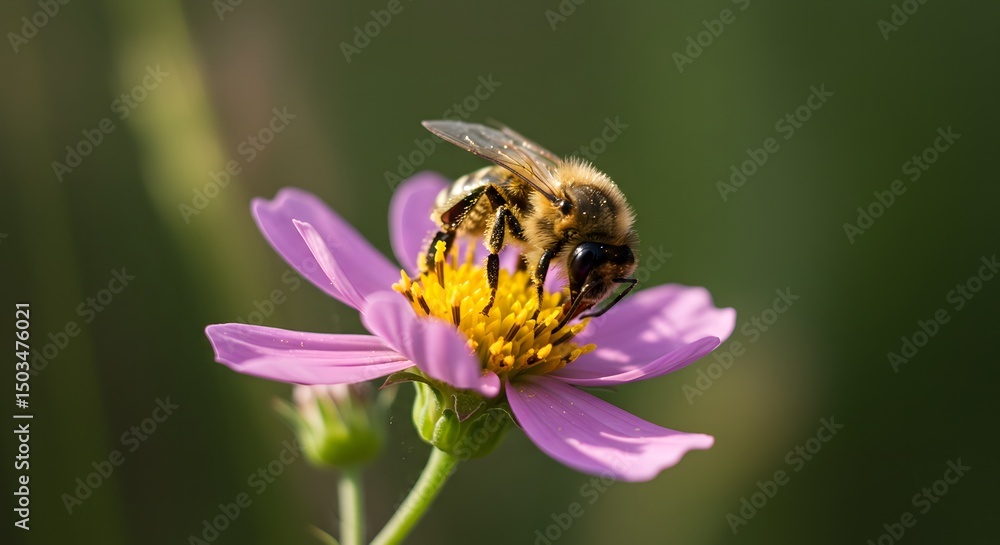A bee collecting pollen from a pink cosmos flower in a garden on a sunny day in the summer season A bee collecting pollen from a pink cosmos flower in a garden on a sunny day in the summer season