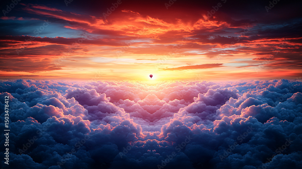 A surreal sunset view with a hot air balloon flying above white clouds under a fiery orange sky at dusk. A surreal sunset view with a hot air balloon flying above white clouds under a fiery orange sky at dusk.