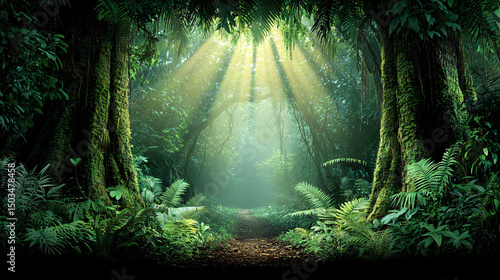 Fototapeta Naklejka Na Ścianę i Meble -  The bright sun shines through thick trees and lush green foliage deep within a vibrant jungle setting.