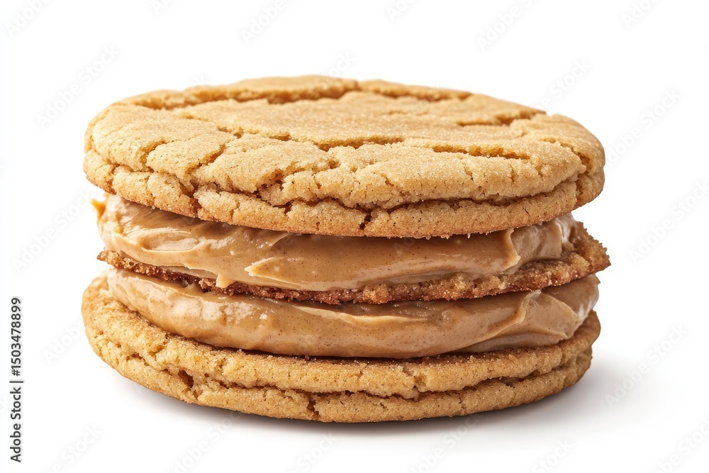 Peanut butter cookie sandwich, two light golden brown cookies with peanut butter filling Peanut butter cookie sandwich, two light golden brown cookies with peanut butter filling