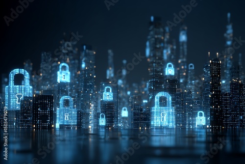 A digital city skyline with glowing blue padlock icons superimposed on the buildings at night