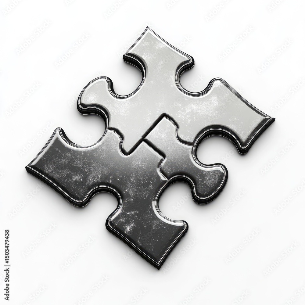 Fototapeta premium Two puzzle pieces, metallic gray, joined, isolated on white