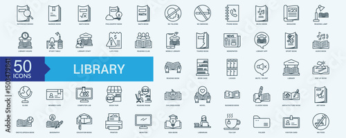 Library icon collection set with marked book, math book, philosophy book, no talking, no smoking, phone book
