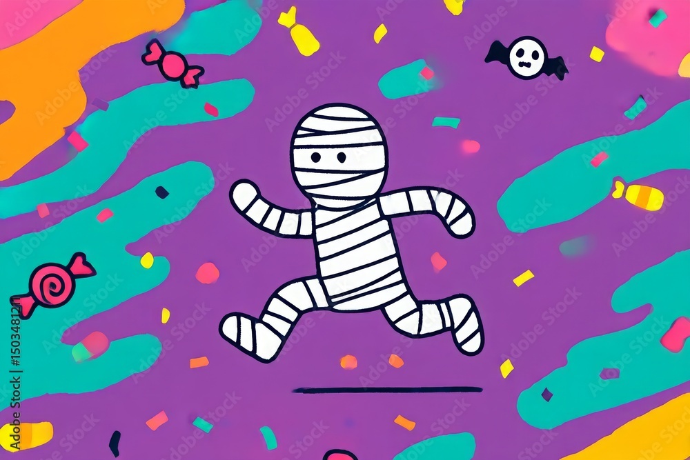 Naklejka premium Playful mummy running after loose bandage at Halloween party with confetti candy and spooky decorations Generative AI