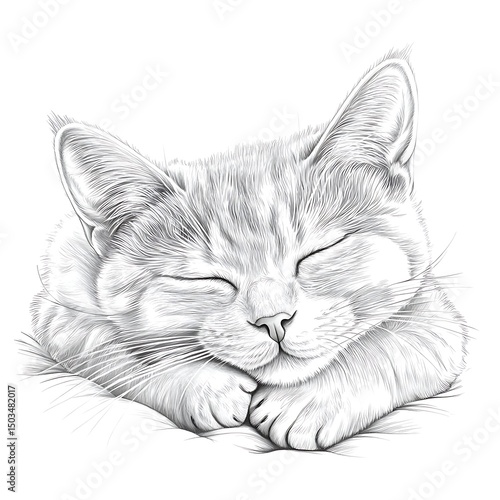 Wallpaper Mural Sleeping Kitten for Pencil Sketch, White Background. Torontodigital.ca