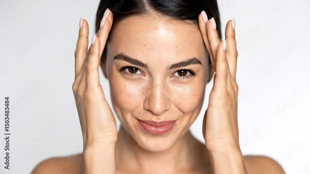 Close-up of a woman's face with hands gently touching her skin Close-up of a woman's face with hands gently touching her skin