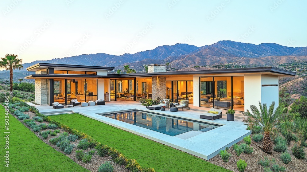 Fototapeta premium Modern luxury home with pool and mountain views