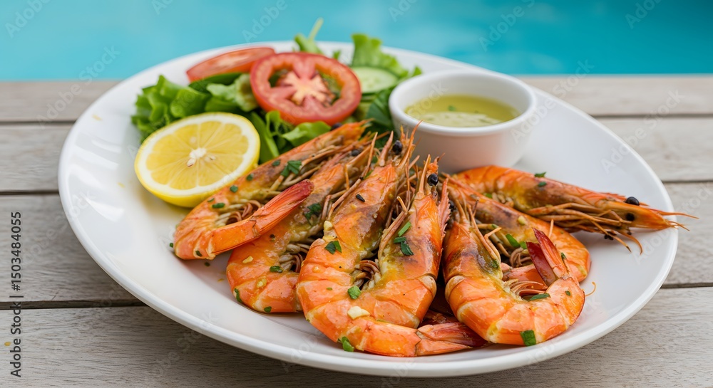 Grilled Shrimp with Salad and Lemon on a White Plate Near a Pool Grilled Shrimp with Salad and Lemon on a White Plate Near a Pool