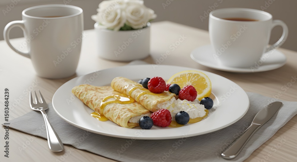 Breakfast Crepes with Berries and Honey: Delicious Food Photography Breakfast Crepes with Berries and Honey: Delicious Food Photography