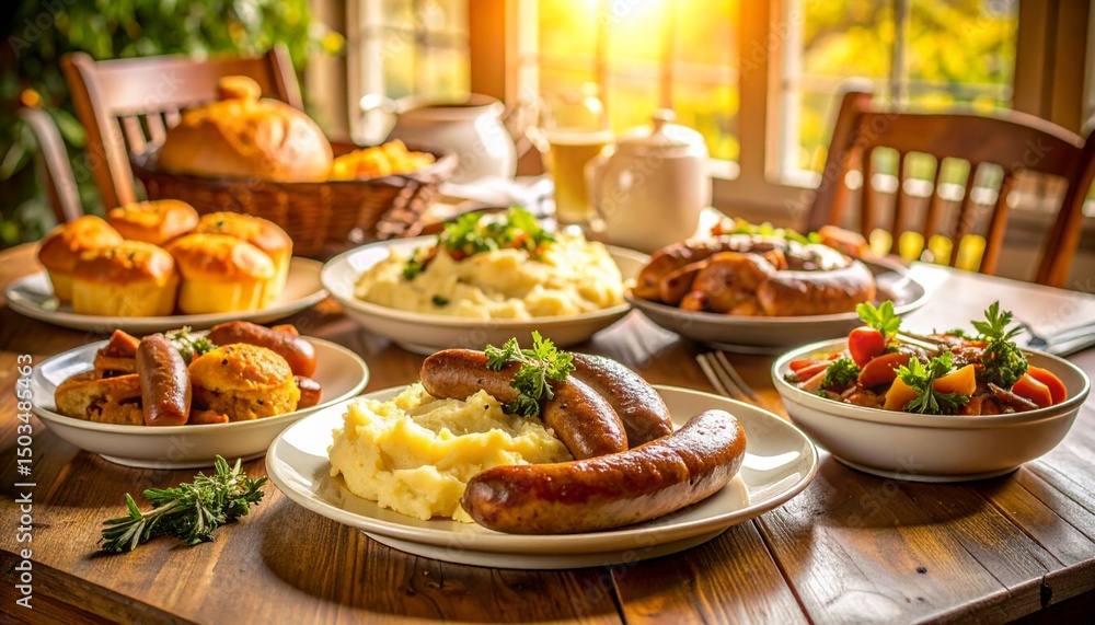 Fototapeta premium Traditional Sunday dinner featuring Bangers and Mash with Yorkshire pudding, roast vegetables, and gravy, set on a family dining table bathed in golden-hour sunlight, warm and inviting atmosphere.