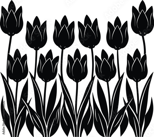 Line Of Tulips Silhouette For Horizontal Border