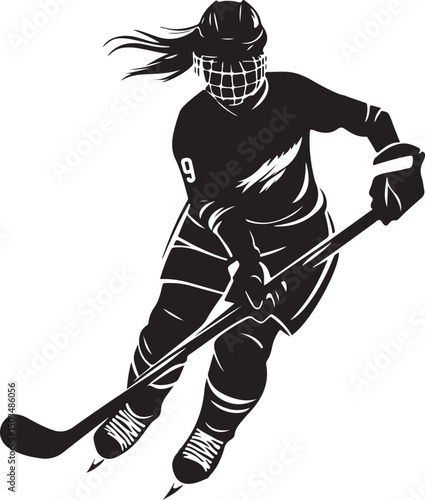 Ice Hockey Girl Silhouette Vector Illustration on Transparent Background