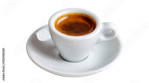 Espresso coffee in white cup on saucer, isolated on a white background.