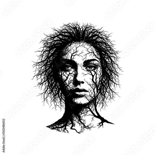 Surreal Tree Head Silhouette Merging Nature and Human Mind bare tree face woman silhouette vector illustration printing