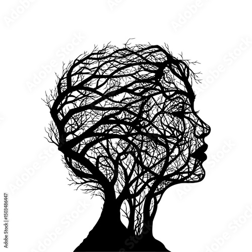 Human Head Profile Intertwined with Leafless Tree Design, bare tree face, woman silhouette vector illustration