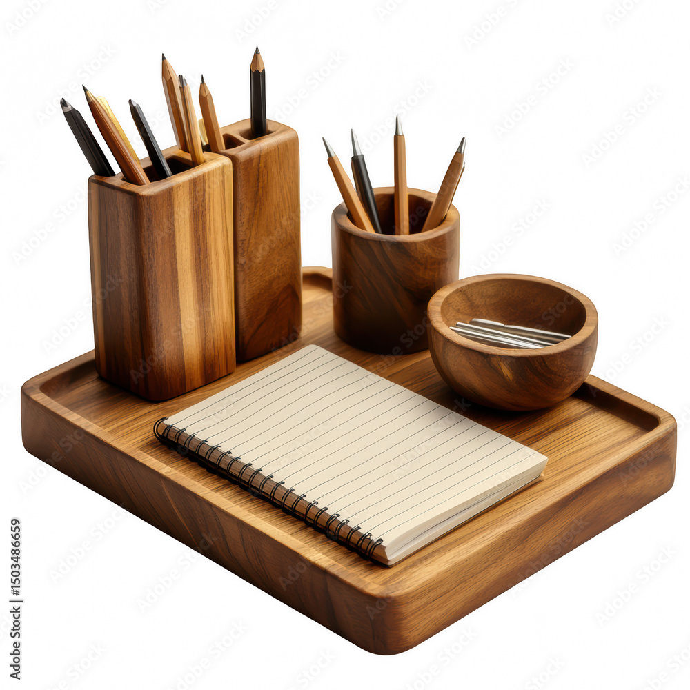 Obraz premium Wooden desk organizer with notepad image