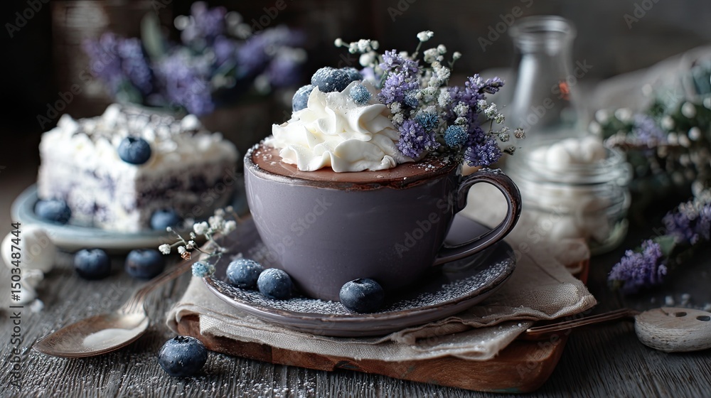Blueberry Bliss Chocolate Mug Cake with Floral Touch on Rustic Wood. Blueberry Bliss Chocolate Mug Cake with Floral Touch on Rustic Wood.