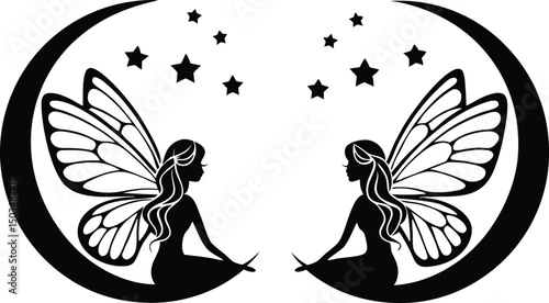 Two fairies sitting on moons with stars in a black silhouette