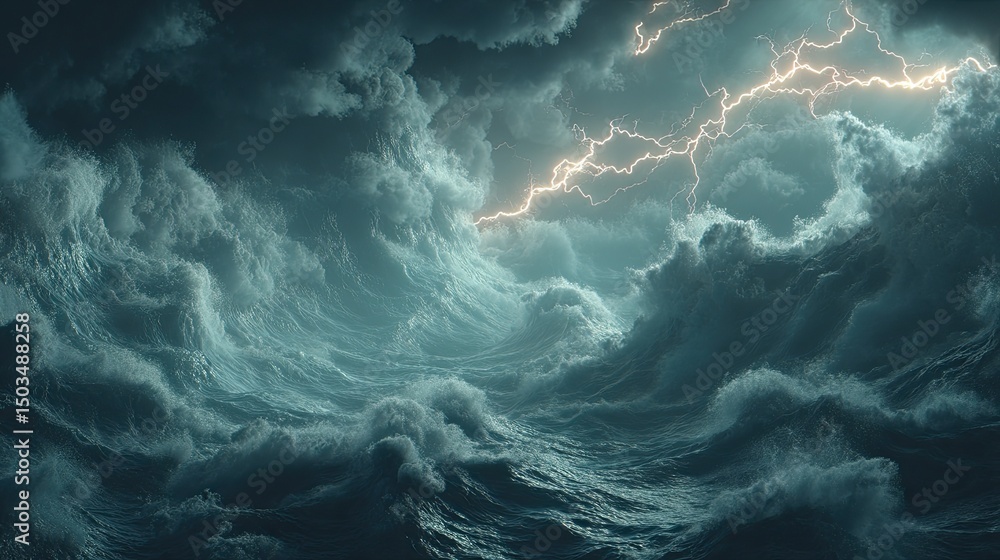 Tempests Fury Lightning Strikes Ocean Waves Under Dramatic Sky. Tempests Fury Lightning Strikes Ocean Waves Under Dramatic Sky.
