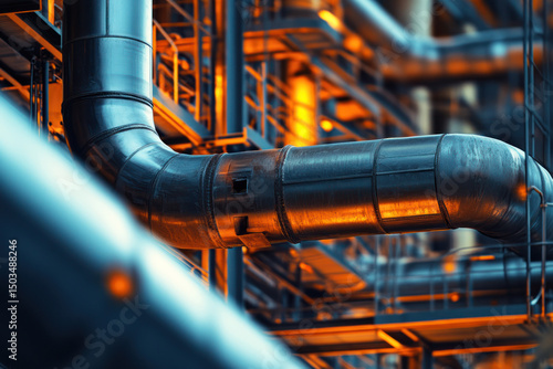 industrial metal pipes with orange lighting in manufacturing facility