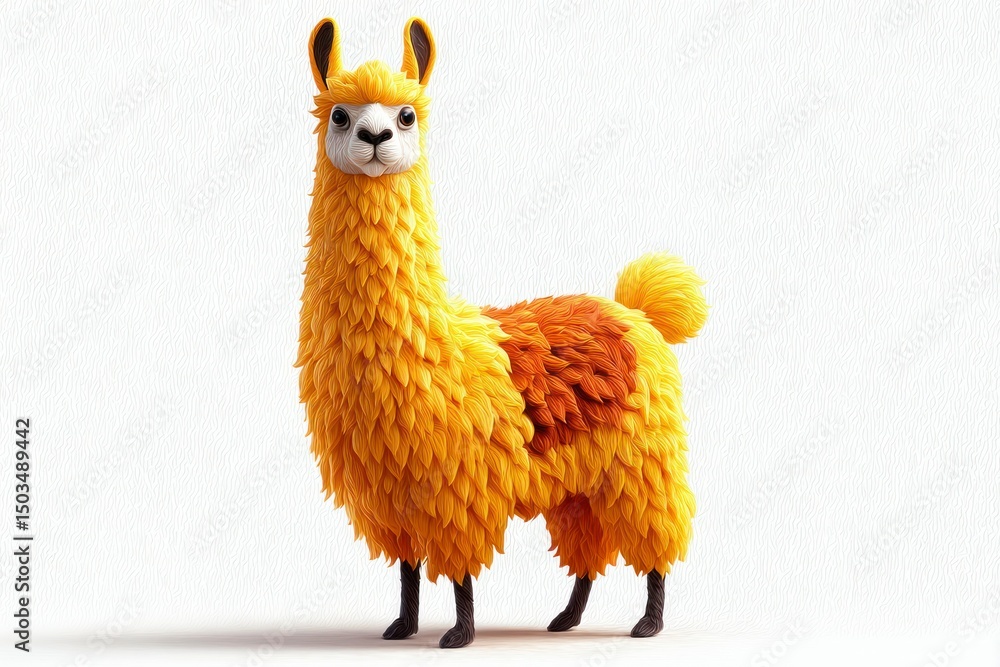 Fototapeta premium A vibrant fluffy creature with a golden coat and expressive eyes stands against a clean backgr