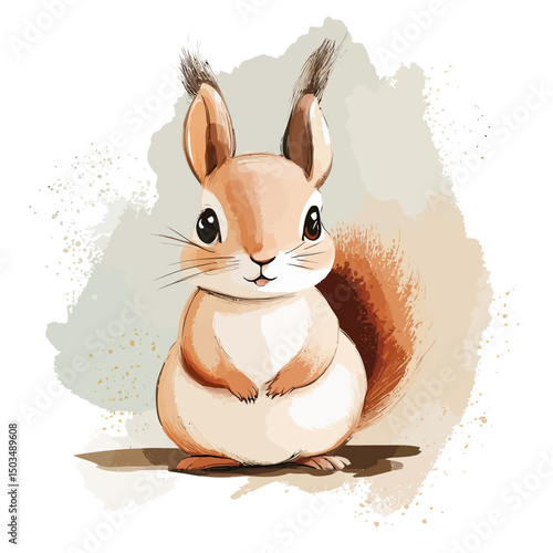 Cute cartoon squirrel with fluffy tail and large eyes standing front view on watercolor abstract background in soft pastel colors vector illustration