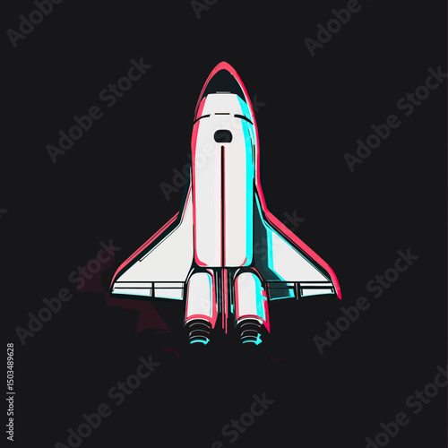 Glitch effect white space shuttle with anaglyph red blue 3D style on dark background minimalist flat vector illustration of cosmic transport technology